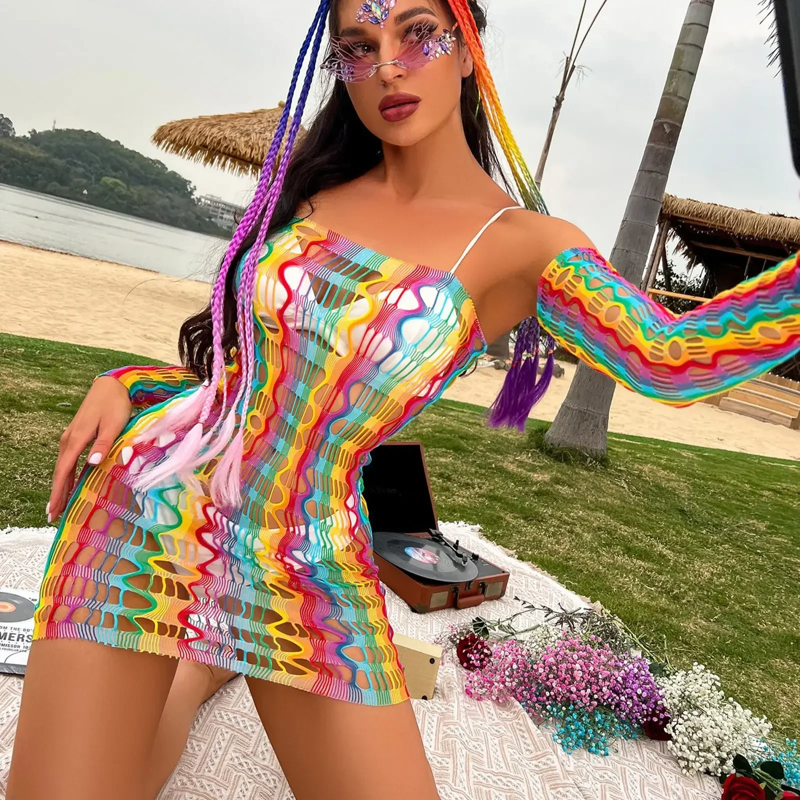 Lingerie Seksi Pelangi Stoking Jala Ukuran Besar Bodysuit Wanita Gaun Lingerie Erotis Pakaian Dalam Boneka Bayi Porno Kostum Teddy untuk Seks