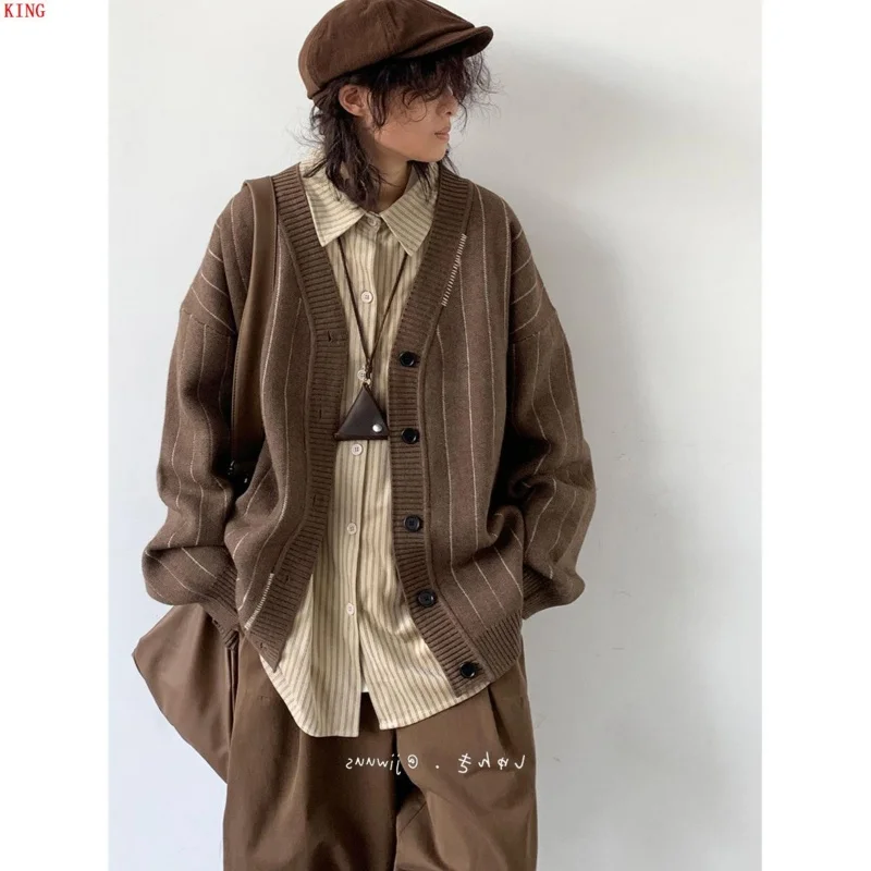 Neutral Striped Open Cardigan Sweater V-Neck Knitted Jacket for Men And Women Autumn Winter Retro Japanese Style College Wind