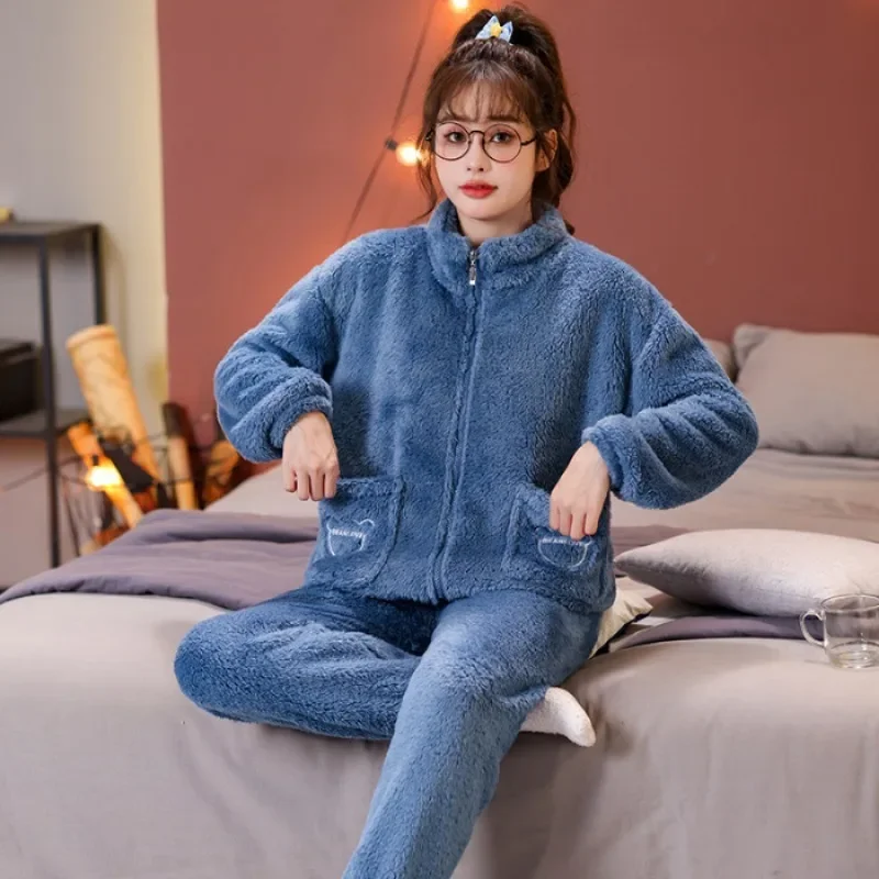 5XL Plus Size Plush Pajamas Women Winter Warm Zipper Cardigan Long-sleeved Trousers Outerwear Suit Flannel Soft Loungewear