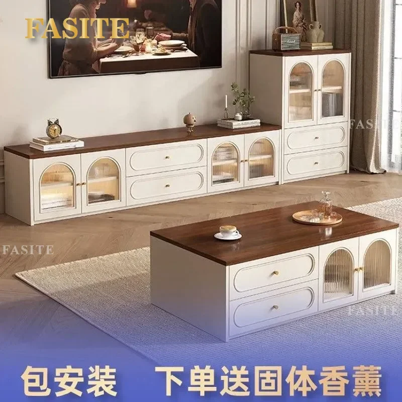 For Small Apartment Living Room Cream Wind Simple Floor Coffee Table TV Cabinet Combination Household Furniture Space Saving