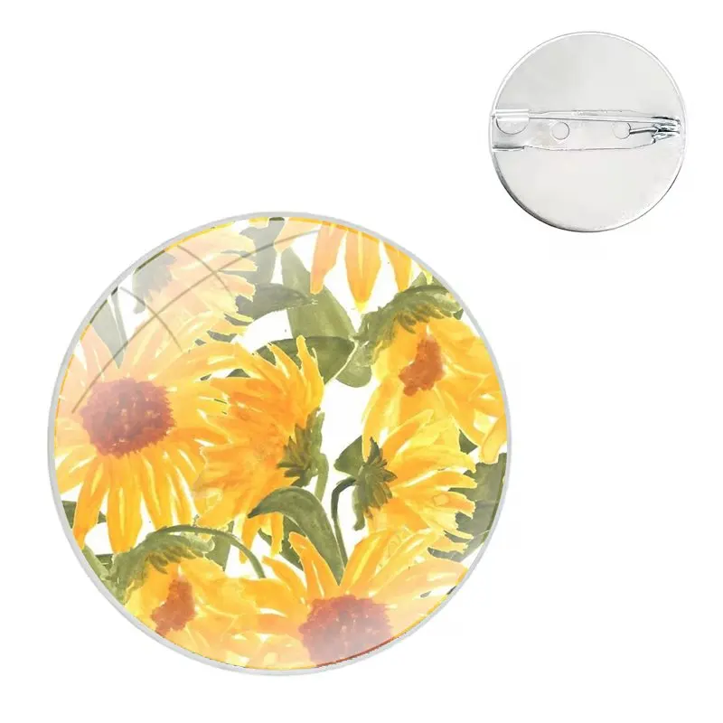 Claude Monet Oil Painting Sunflower Glass Dome Brooches Shirt Lapel Bag Cute Badge Pins For Clothes Hat Accessories