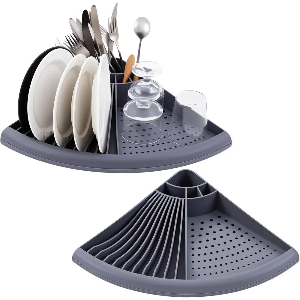 

2 Pack Gray Dish Racks Organizer Triangular Sink Counter Drying Rack Plastic Dish Utensil Holder or Plates Bowls Utensils Knives