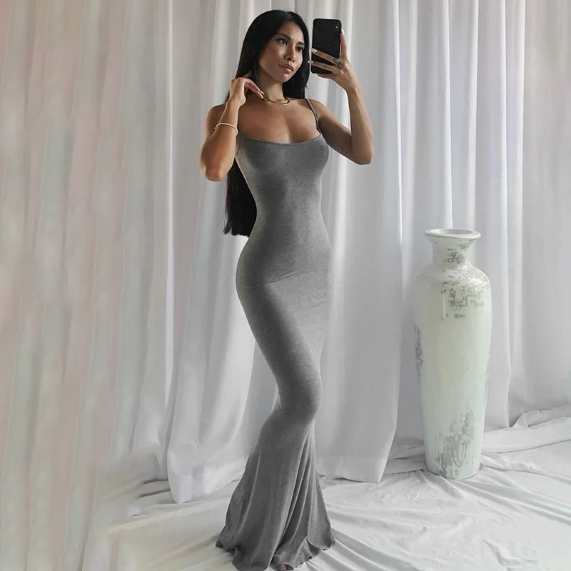 2024 sommer Kleider Für Frauen Sexy Spaghetti Strap Schwarz Langes Kleid Y2k Ärmel Solide Dünne Bodycon Trompete Maxi Vestidos