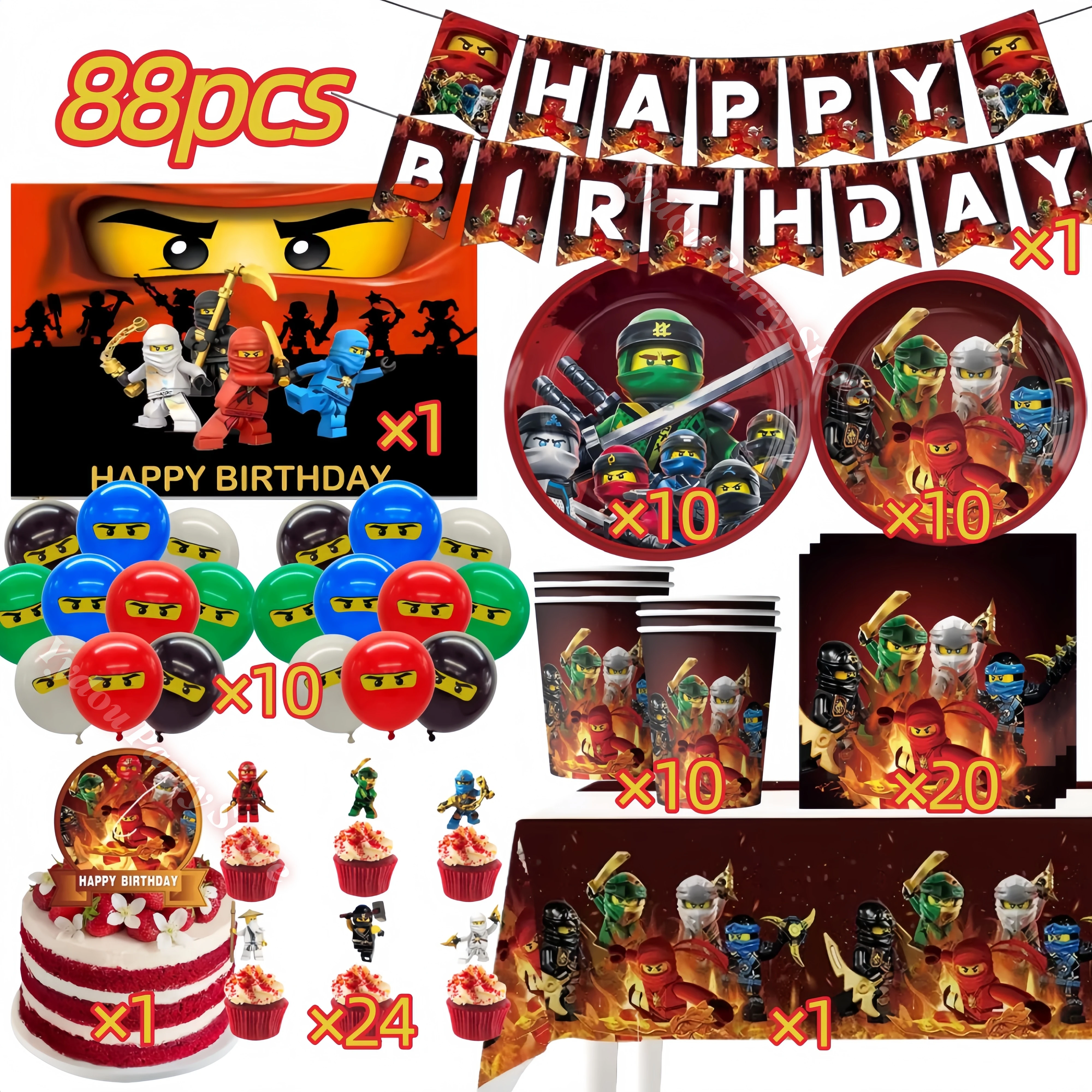 Ensemble de décoration pour fête d'anniversaire Ninjato : gobelets, assiettes, bannière, porte-clés, ballons pour garçons, enfants, anniversaire, baby shower, accessoires de photomaton