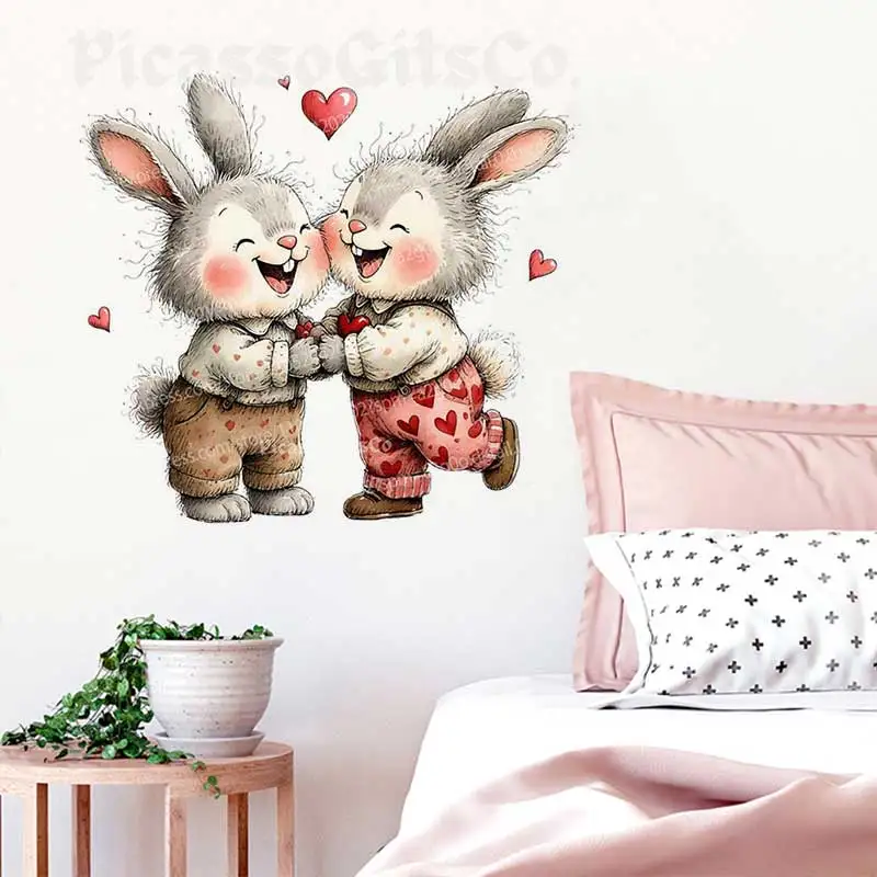 Watercolor Lover Rabbit Wall Stickers Art Decal Living Room Sofa Background Home Decoration Room Stickers AA296