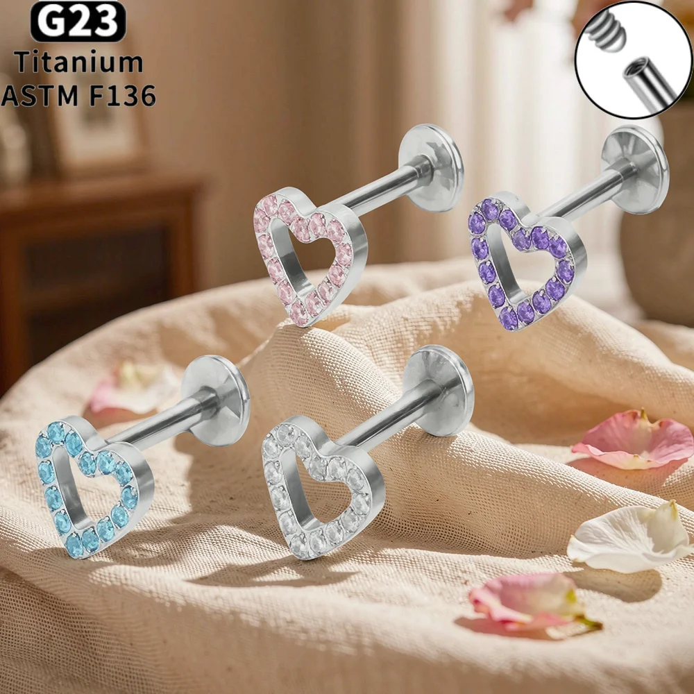 ASTM F136 Titanium Heart Shaped CZ Labret Earring Internally Threaded - Cartilage Tragus Medusa Lip Monroe Body Jewelry