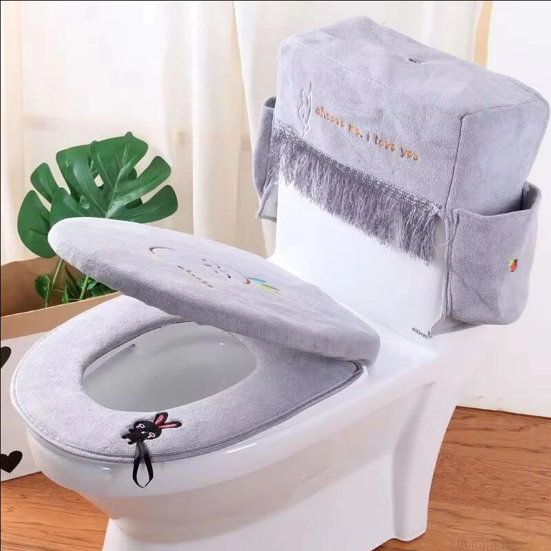 Thicken Soft Comfortable Toilet Ring Cover Four-season Universal Toilet Seat Mat 3 PCS Cartoon Style Home Zipper Toilet Cover