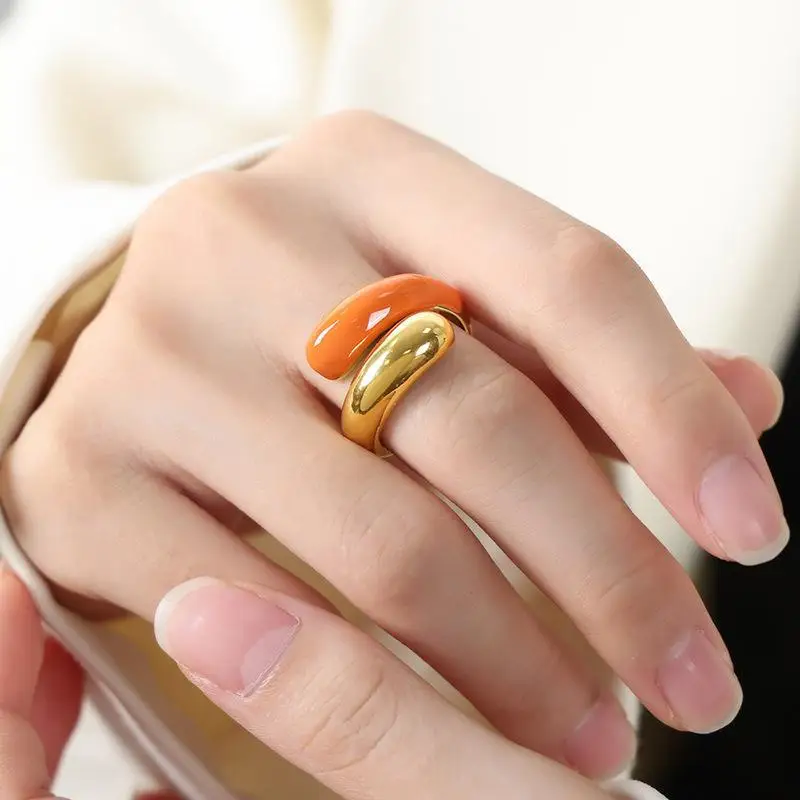 New Design 18K Gold  Silver  Plated Stainless Steel Waterdrop Enamel Orange Black Ring  Waterproof Hypoallergenic Jewelry Gift