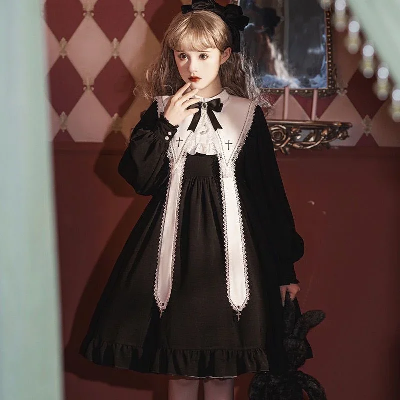 Hymn Cross Dark Daily Gothic Retro Op Long Sleeve Lolita Dress Black Dresses Lolita Skirts Halloween Party Kostium dla kobiet