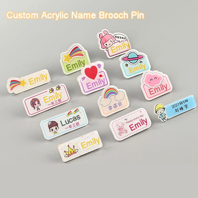 Custom  Acrylic Pin Badge Name Tag For Student Kids Cute Cartoon Pattern Office Work Name Card Brooch Badge Customization