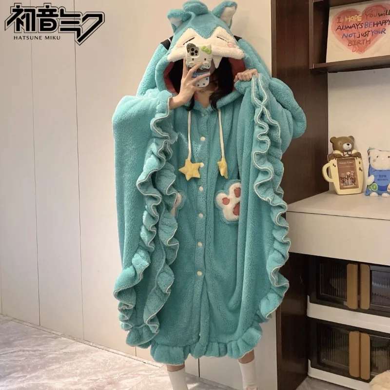 初音ミク漫画アニメマントケープ女の子用、秋と冬のファッションローブ、フード付き、キュートで甘いホームワンピースパジャマ