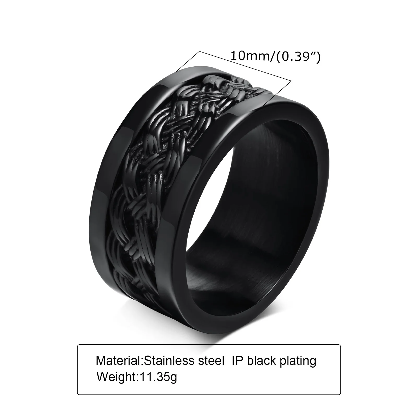 Vnox 10mm Interwoving Texture Ring for Men, Black Stainless Steel Finger Band, Gothic Vintage Punk Boy Male Fraternal Rings