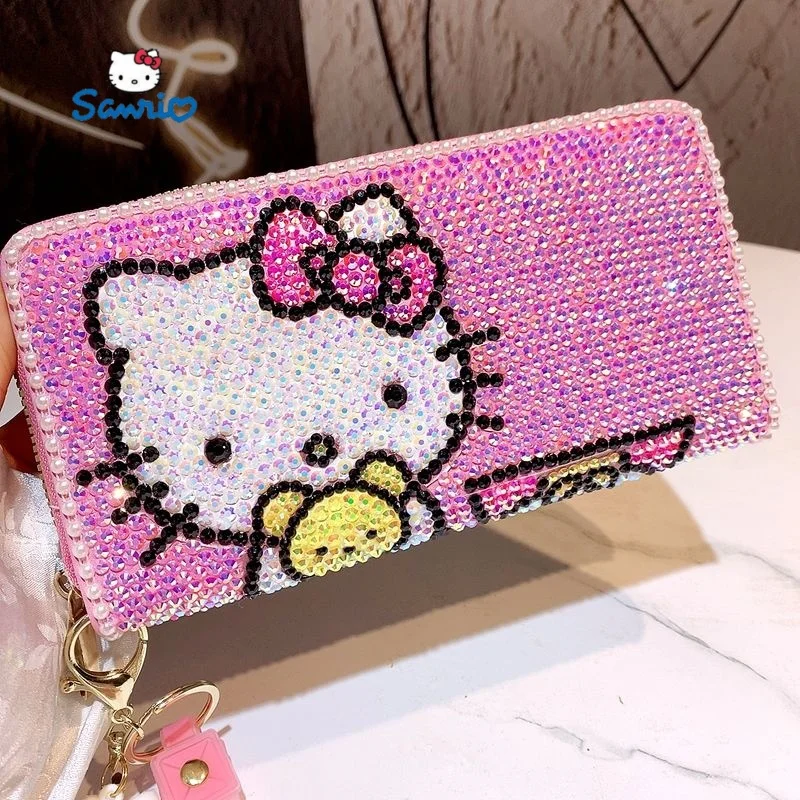 Sanrio Hello Kitty Rhinestone Cute Cartoon Zipper Wallet For Women With Diamond Fashion Party Phone Bag Card Bag And Purse Cute