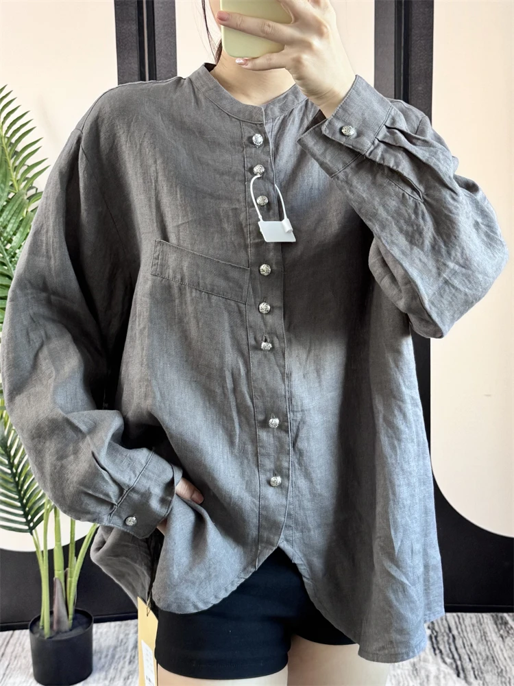 Confortável linho irt emagrecimento solto gola henry outono senhoras faion casual sle pele-amigável respirável longo sve