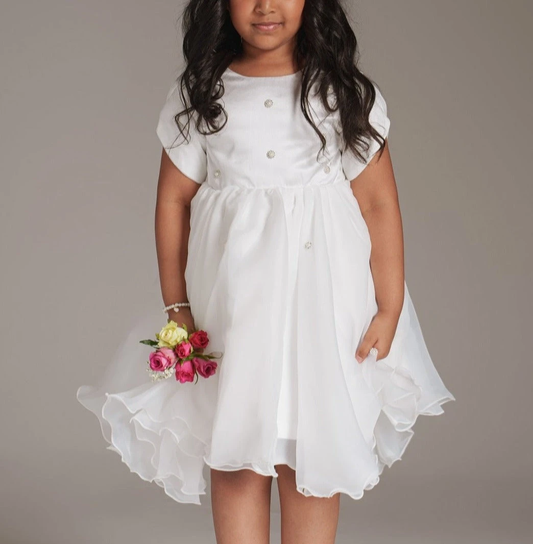 

Customized White Organza Flower Girl Dress For Wedding Tulle Puffy Short Sleeves Kids Baby Birthday Party First Communion Gown