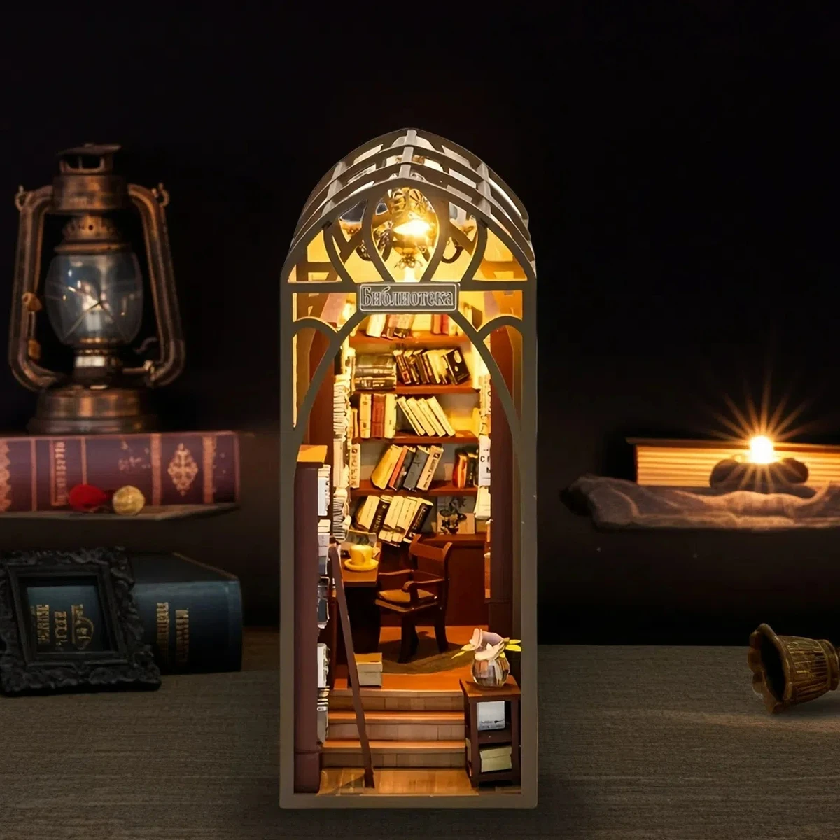 Library bookshelf set 3D wooden room bedroom insert decoration assembly building model DIY handmade mini set, wooden crafts Hall