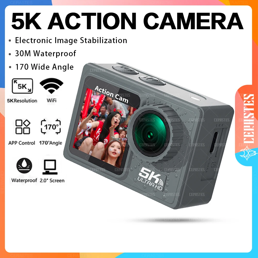 

Экшн-камера CERASTES 5K 4K 60 кадров в секунду Wi-Fi с двойным экраном и защитой от сотрясений 170 ° Широкоугольная водонепроницаемая спортивная камера длиной 30 м с дистанционным управлением