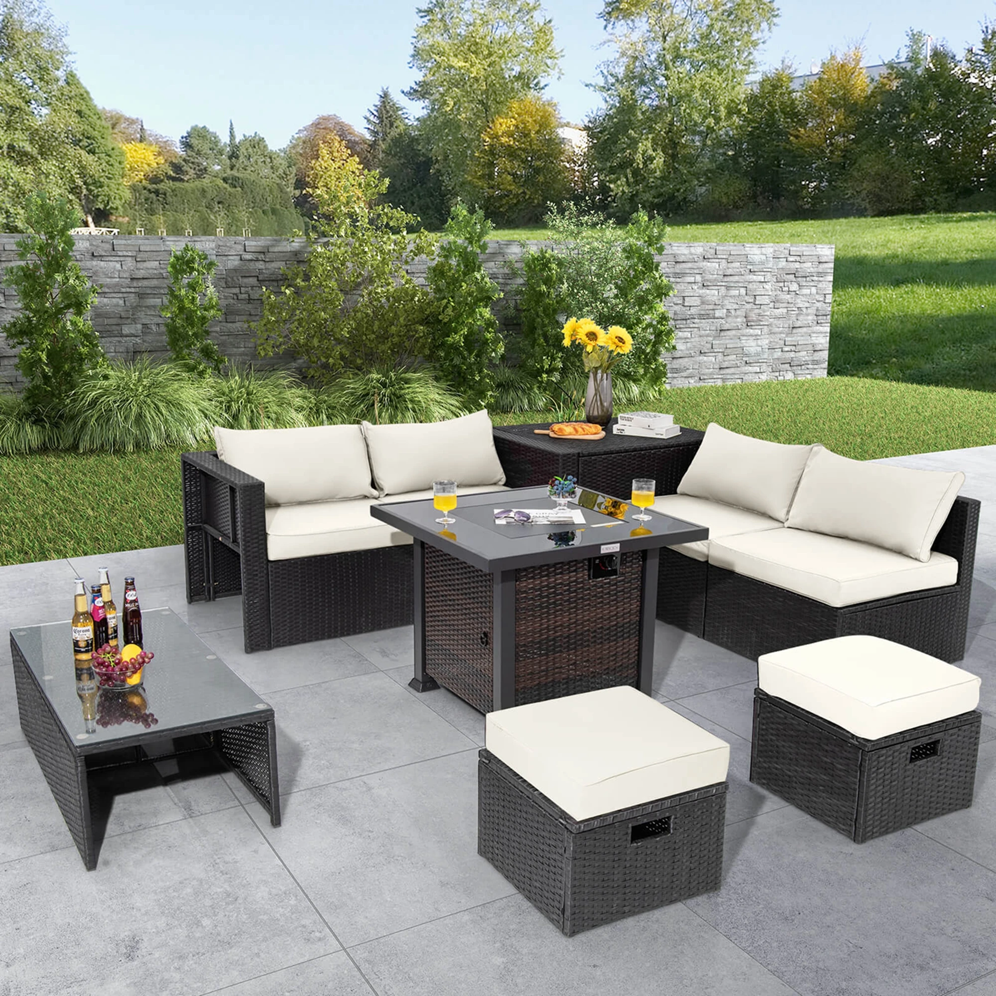 

9 PCS Patio Furniture Set with 32" Fire Pit Table 50,000 BTU Square Propane Fire Pit White