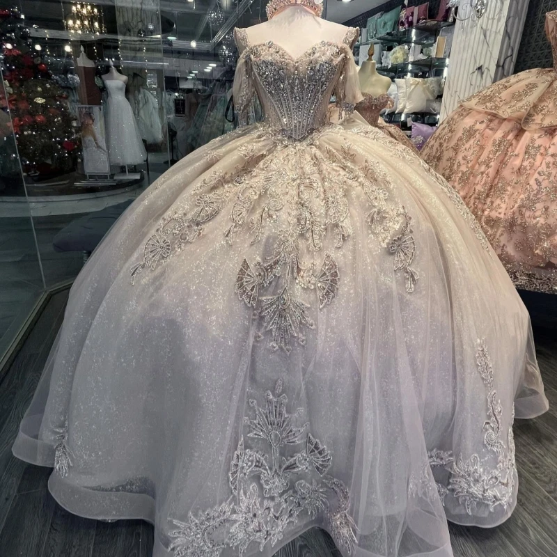 

Champagne Shiny Quinceanera Dresses Off The Shoulder Sequin Applique Lace Beading Crystal Tull Party Birthday Sweet 16 Dress