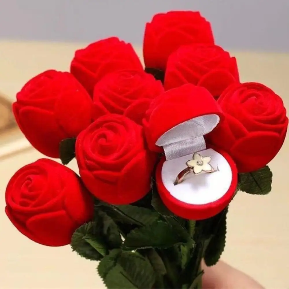 2Pcs Fashion Romantic Wedding Ring Holder Velvet Engagement Rose Flower Ring Box Storage Earrings Ring Bearer Case Travel