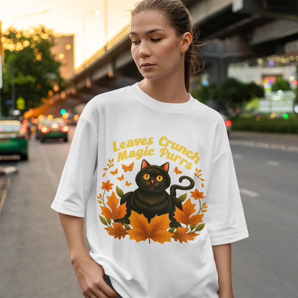 

Comfortable Women's Printed T-shirt "Autumn Magic Cat T-shirt - Leaves Crunch, Magic Purr Autumn Design"