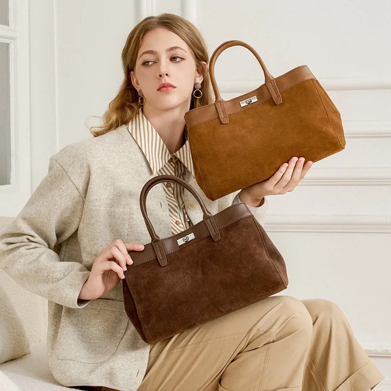 

Suede Cowhide Womens Vintage Tote Large Capacity Commuter Handbag Crossbody Shoulder Elegant Luxury Retro Chic Daily Work Bag