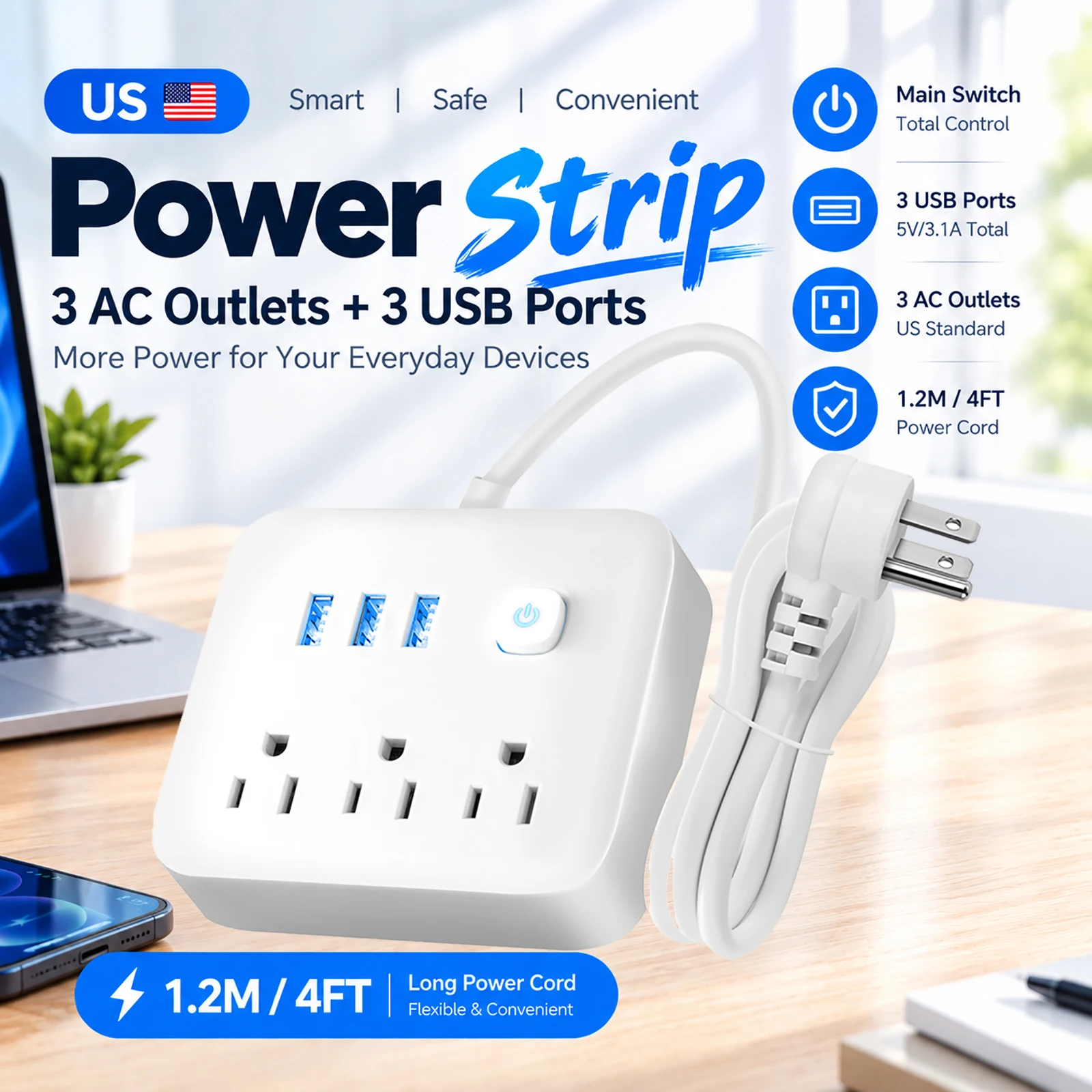 Universal Power Strip Socket US Plug 3 AC Outlets 3 USB Ports with Master Switch Protector Power 1.2m Cord Extension Sockets