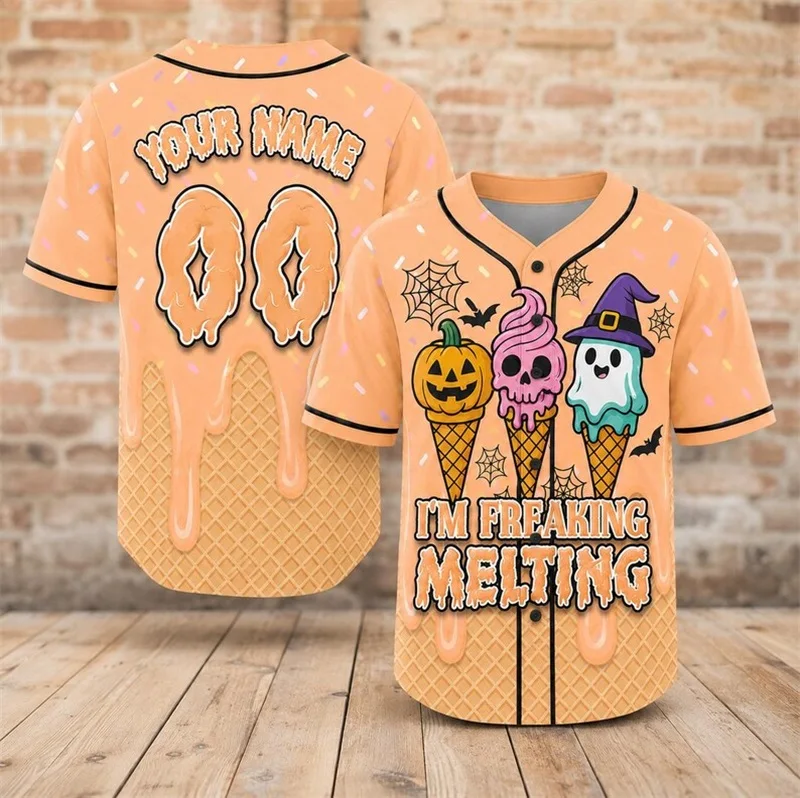 3D Print Ice Cream Pumpkin Ghost Skull Pattern shirts Men Button‑Down Custom Name Number Halloween Baseball Jersey