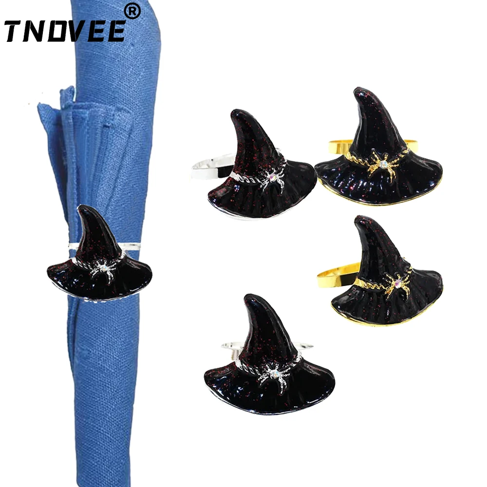 6Pcs Halloween Decorations Witch Hats Napkin Ring Holder Gold Napkin Buckle for Halloween Party Table Decoration Accessory