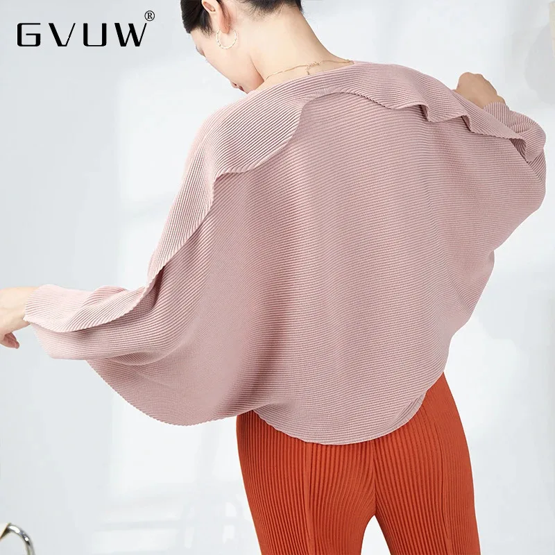 GVUW Pleated Patchwork T Shirt Women Round Collar Full Batwing Sleeve Loose Solid Color Elegant Lady New 2024 Tops 17G7932