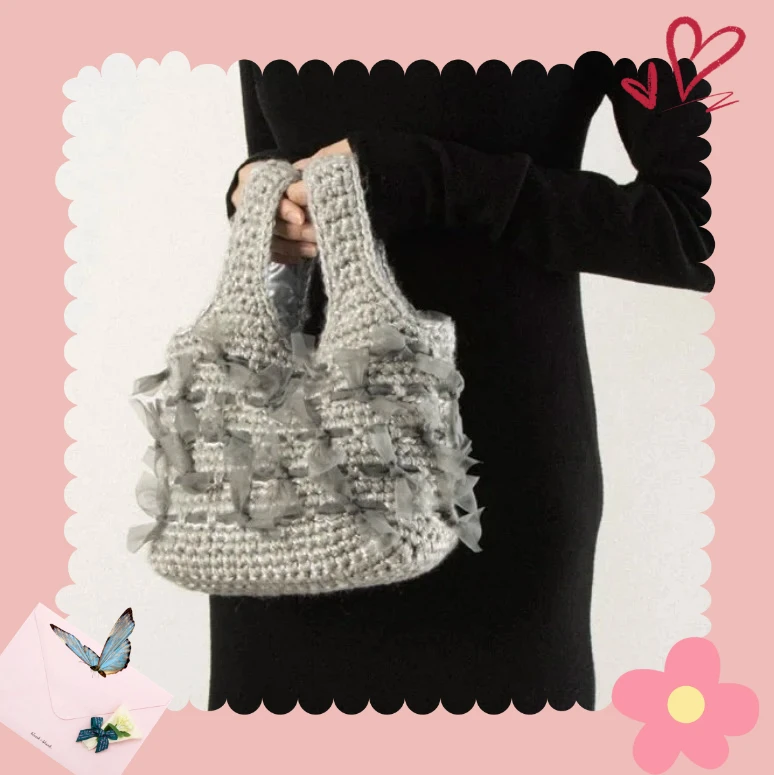 

Ladies Handbag Japanese Style Wool Crocheted Lace Bow Tote Bags Sweet and Cute Fashion Elegant Casual Handbags for Women