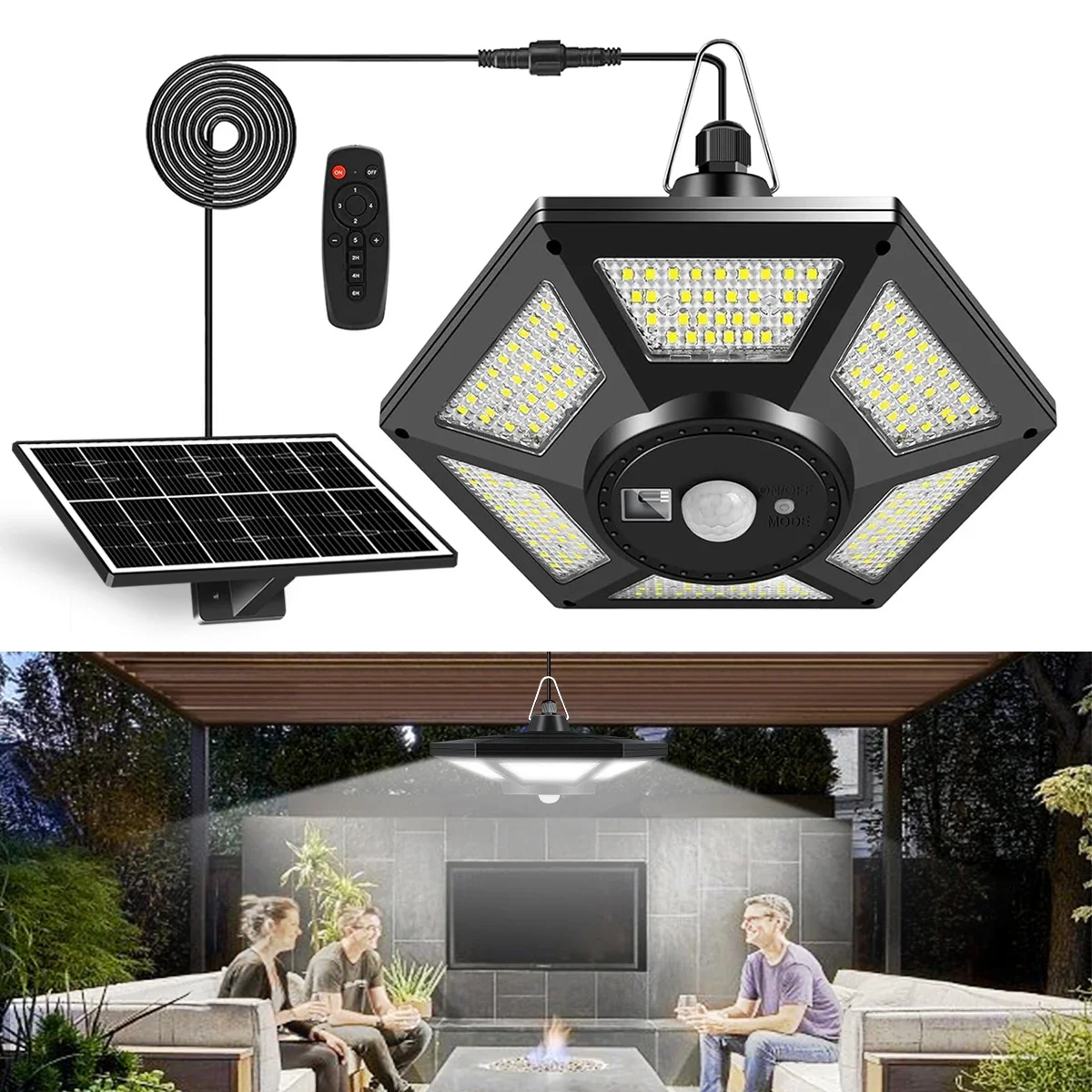 Motion sensor 5 Lighting mode Garage patio barn Solar chandelier outdoor indoor with remote 180LED solar shed light