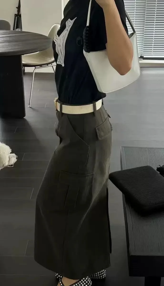 تنورة طويلة على شكل حرف a عالية الخصر مع كيتات للنساء ملابس عمل قطنية متعددة الاستخدامات مناسبة للتنقل تنورة للجسم Sle Ci Walk f #1