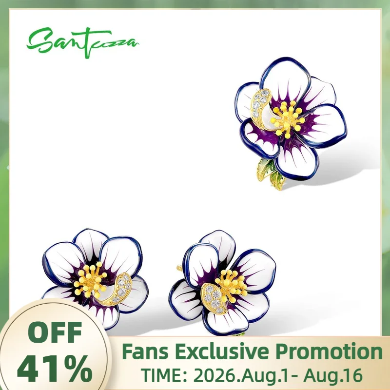 SANTUZZA Pure 925 Silver Jewelry Set For Women White Enamel Flower Earrings Pendant Cute Birthday Wedding Gifts Fine Jewelry