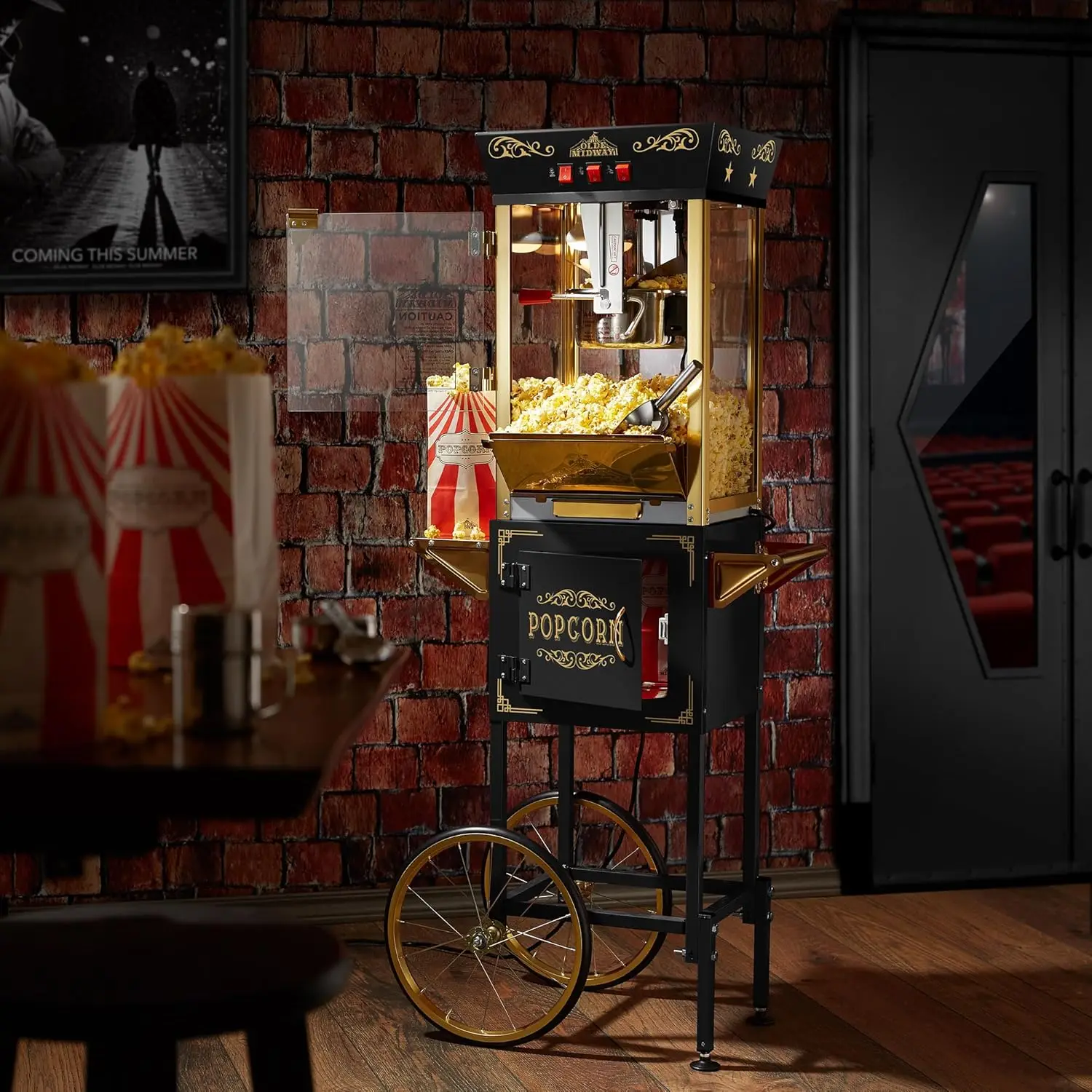 Midway Movie Theater-Style Popcorn Machine Maker with Cart and 8-Ounce Kettle - Black, Vintage-Style Popper on Wheels