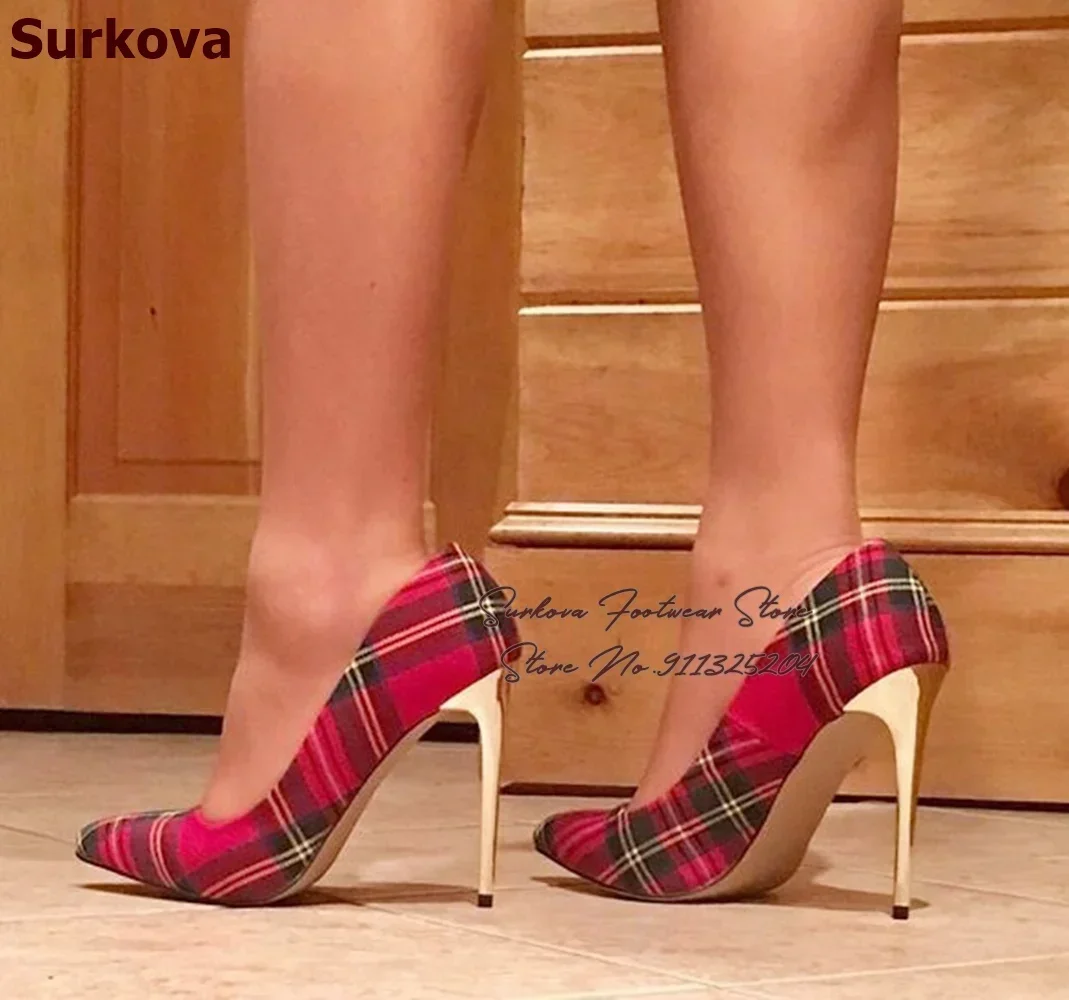 Surkova Elegant Red Green Checkered Cloth High Heel Shoes 12cm 10cm 8cm Real Photo Shallow Pointed Toe Plaid Wedding Pumps US13
