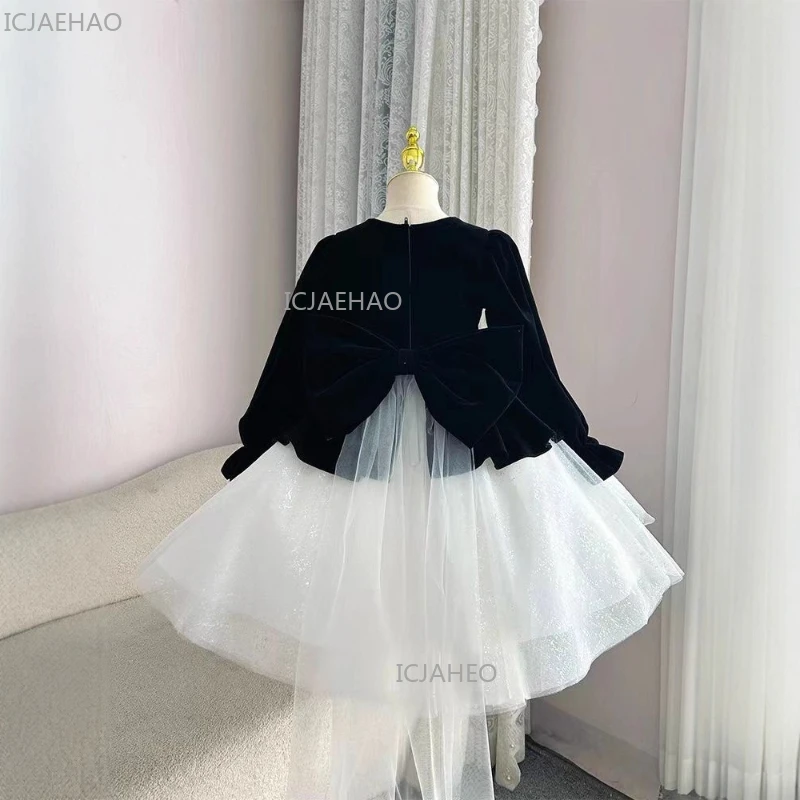 

Платье принцессы для девочек 2026 года, черно-белое, детское вечернее бальное платье, праздничное платье на день рождения, официальный костюм для вечеринки