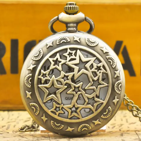 Retro Bronze Steampunk Skeleton Star Flip Cover Male And Female Student Gift Quartz Necklace Commemorative Pocket Watch