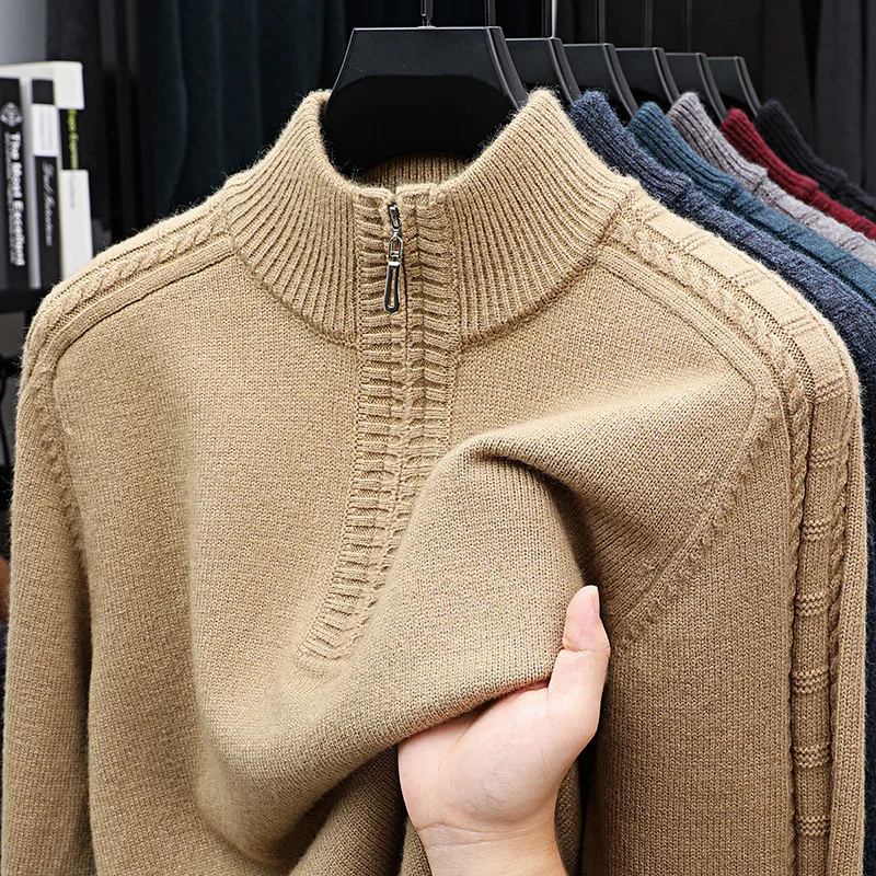 

Мужской вязаный свитер, зимний утолщенный теплый повседневный полуводолазка среднего возраста, вязаный свитер на молнии для мужчин