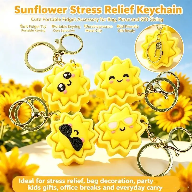 3D Printed Cute Cartoon Sun Fidget Clicker Keychain Stress Relief For Kids Gifts Backpack Decor Daily Carry
