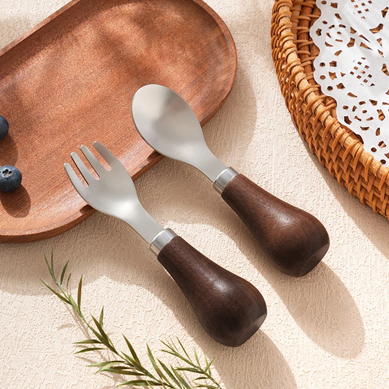 

New High-End Walnut Wood Handle Stainless Steel Cutlery Set For Children 316 Stainless Steel Dinnerware Spoon Fork Set