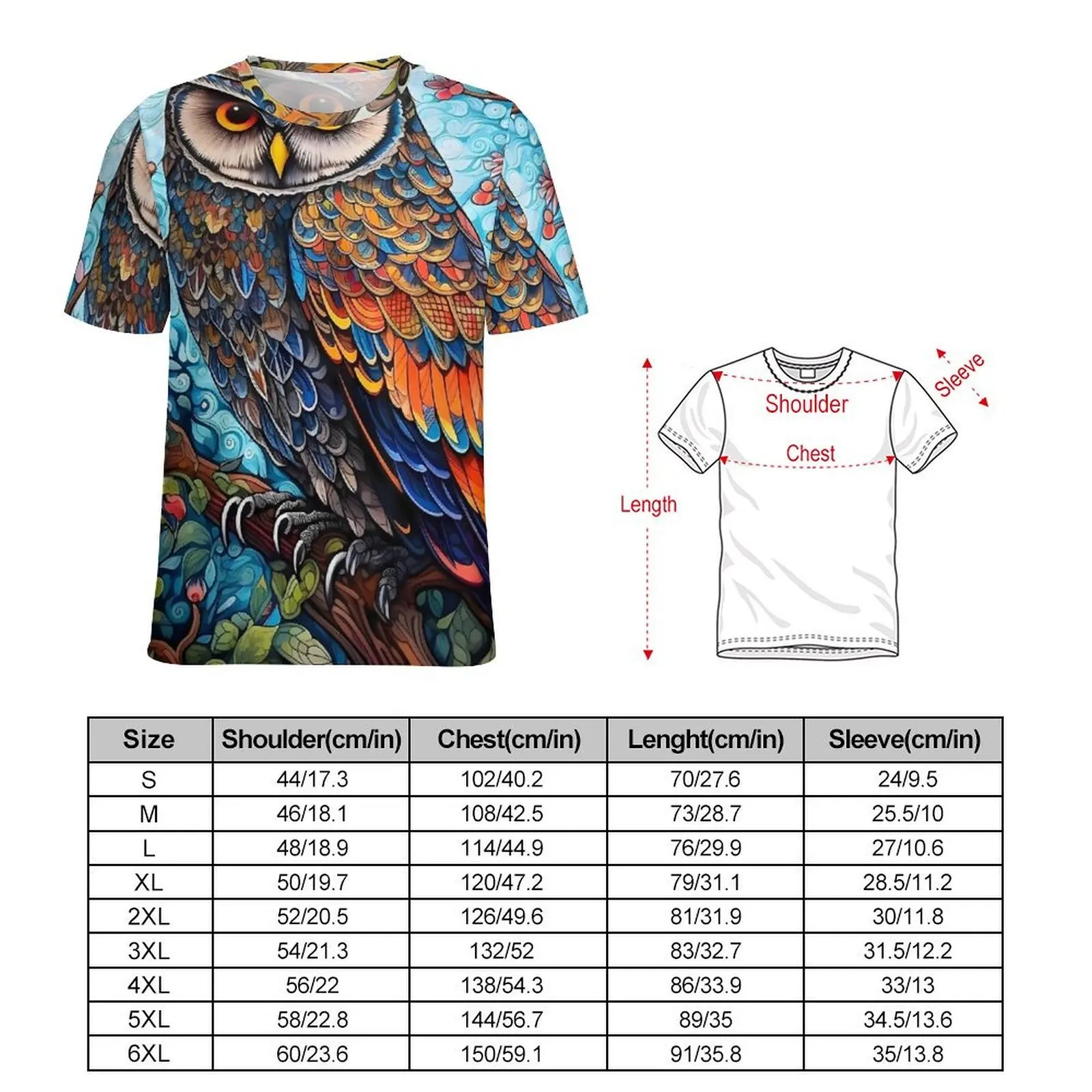 Bold Owl T-Shirt Colorful Floral Man Retro T-Shirts Summer Custom Tees Short Sleeve Funny Plus Size Clothing Gift Idea