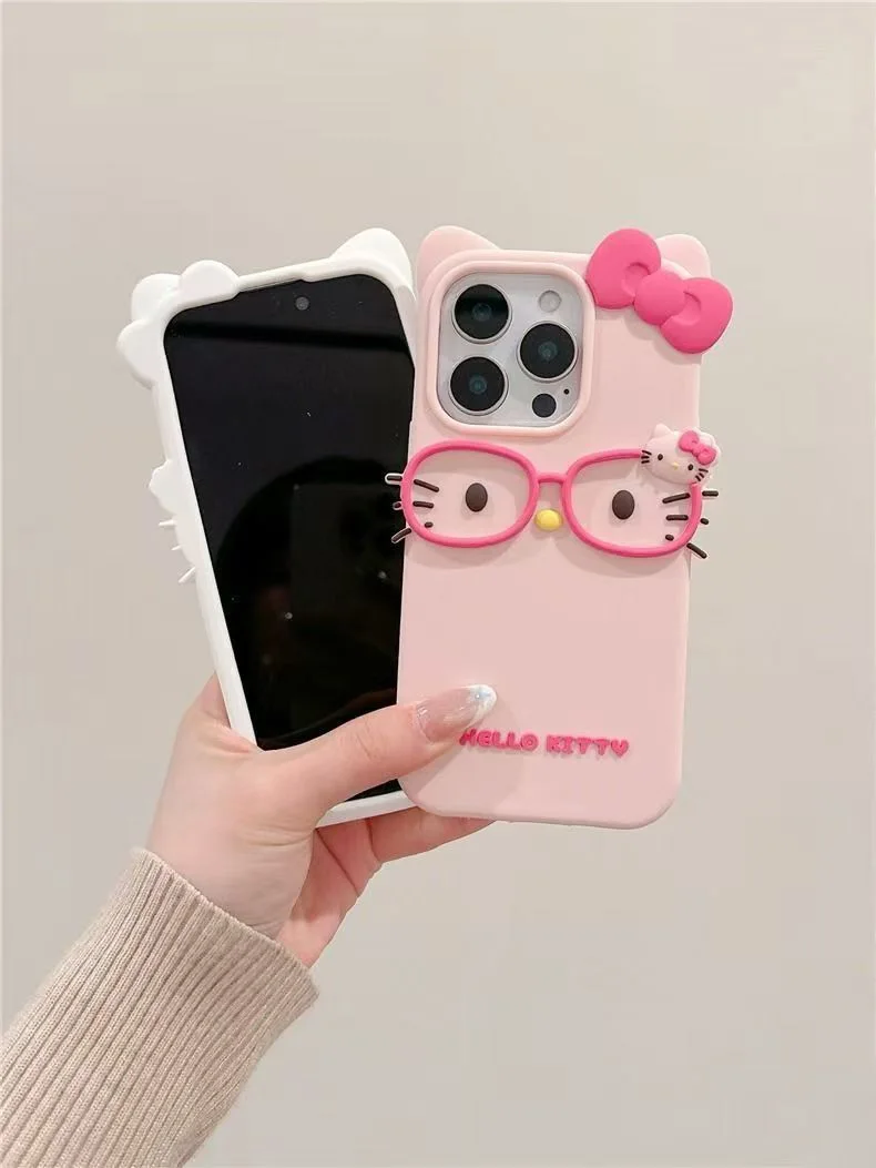 Kawaii Hello Kitty 3D Glasses Cat Soft Silicone Phone Case for iPhone 17 Pro Max 16 15 Plus 14 13 Mini 12 11 4 4S 5 5S 7 8 SE view 6