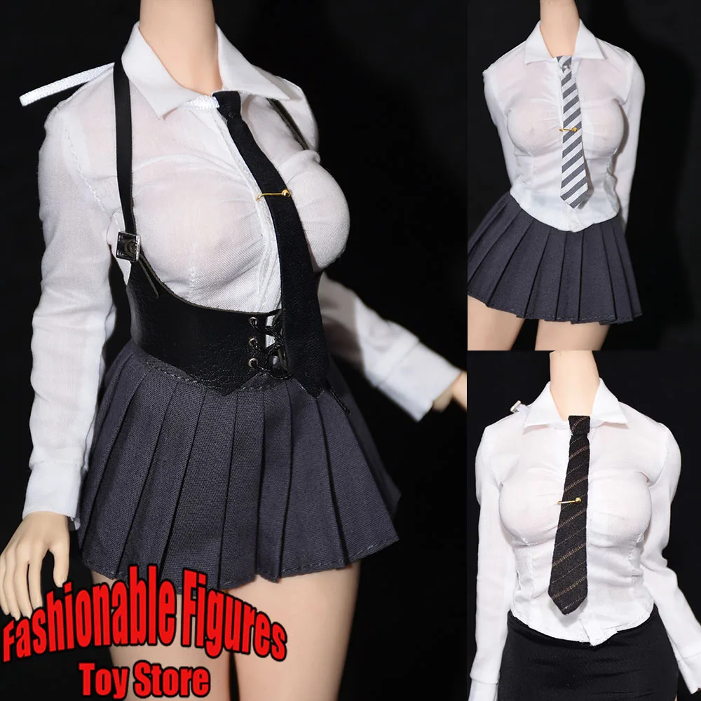 1/6 Women Soldier Stripe Tie White Shirt Pleated Skirt Sexy Secretary Uniform Accessories Fit 12