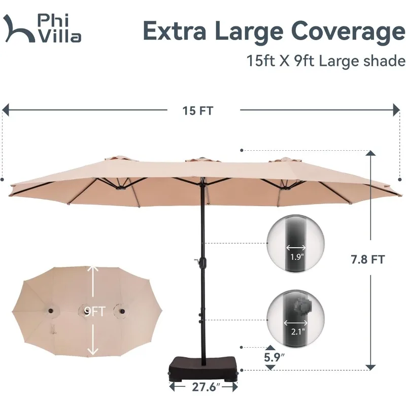 15ft Large Patio Umbrellas with Base Included, Outdoor Double-Sided Rectangle Market Umbrella with Stand, Outside Umbr