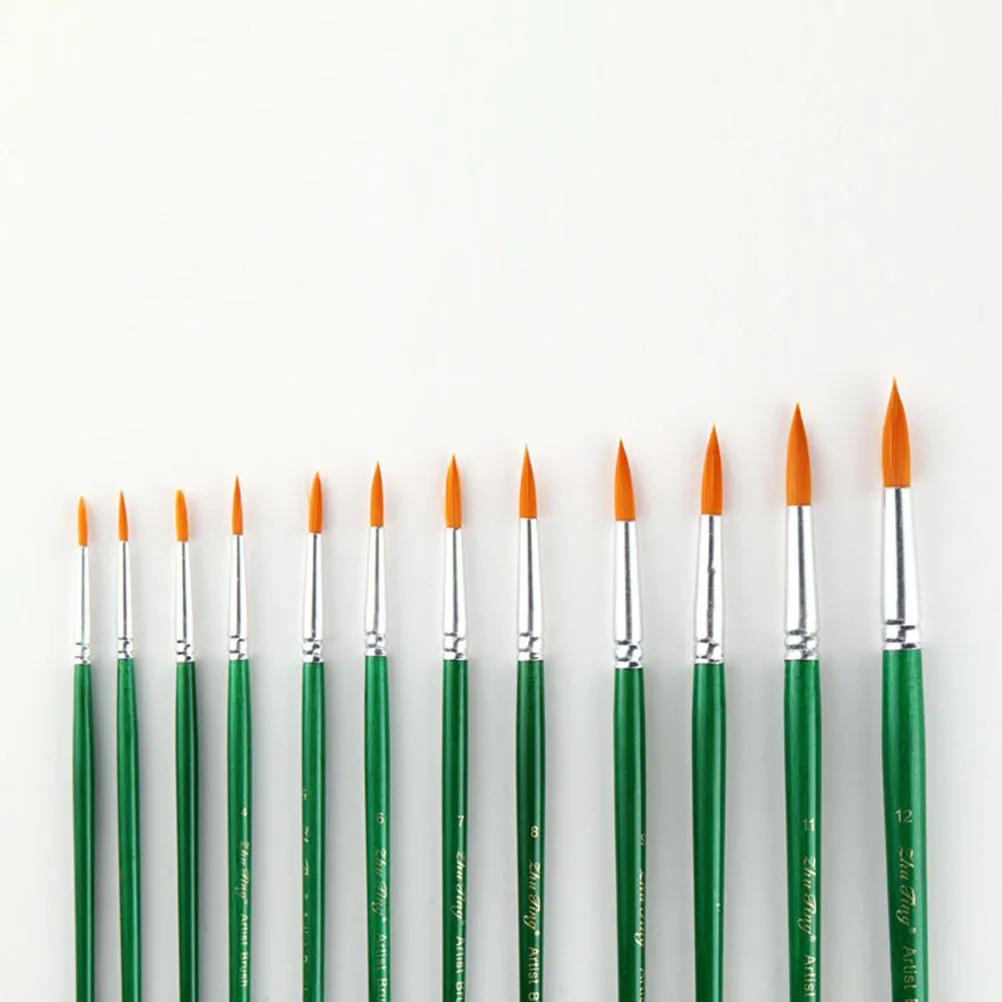 

12Pcs Paint Brush Set Acrylic Oil Watercolor Pointed Round Nylon Hair Wooden Handle No Wiggle Ferrule Fine Detail Drawing Tools