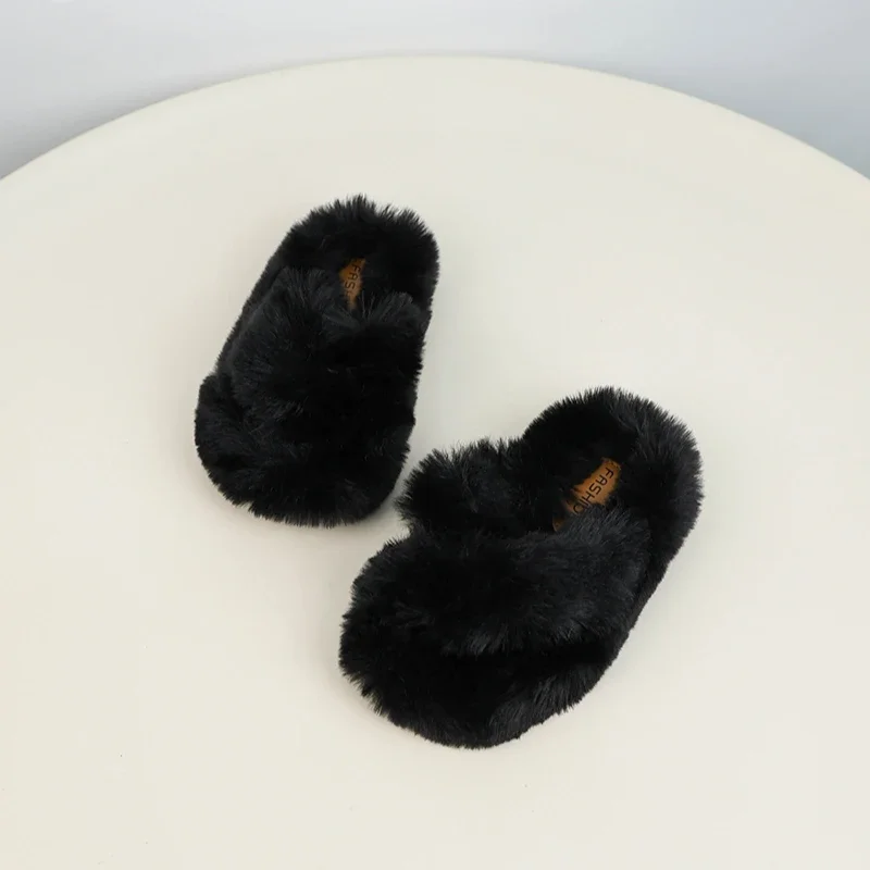 Winter Children's Slippers Furry Hairy Girls Warm Home Slippers Open-toe Warm Kids Fashion Causal Flat Plush Shoes Solid Color