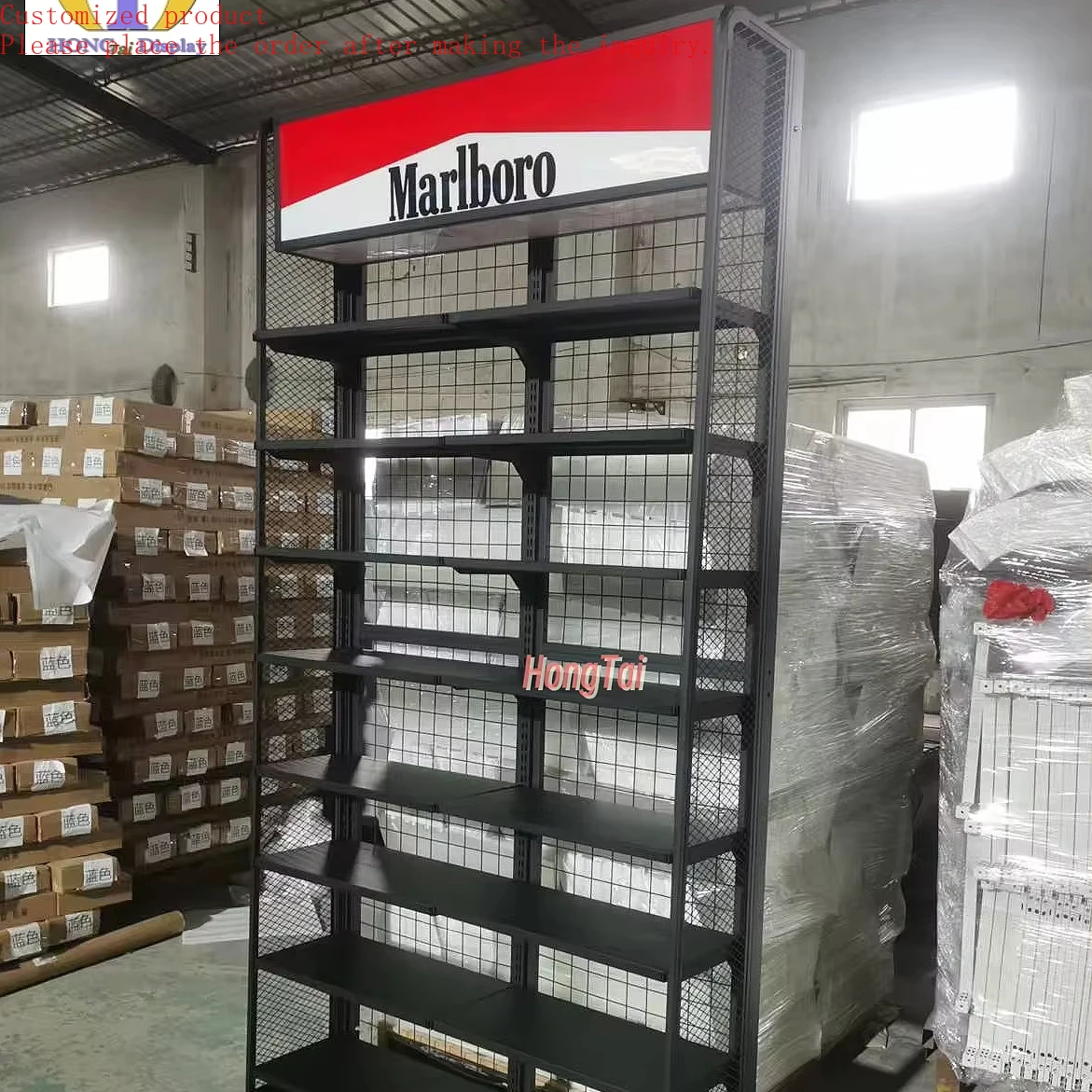 

Custom.Adjustable 4-Foot Iron Rack with Custom LED Lighting Light Box Back Net Display for Cigarette Shop Cigarette Pusher Displ
