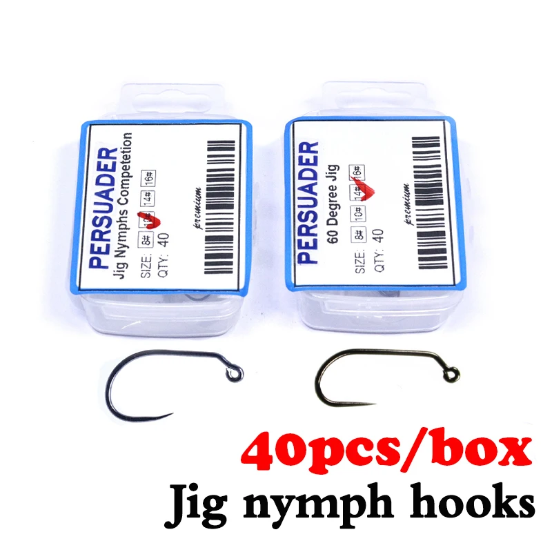 

40pcs boxed barbless jig nymph hook flat eye fly fishing hooks tungsten beads attachable 60 degree slim shaft jig fly tying hook