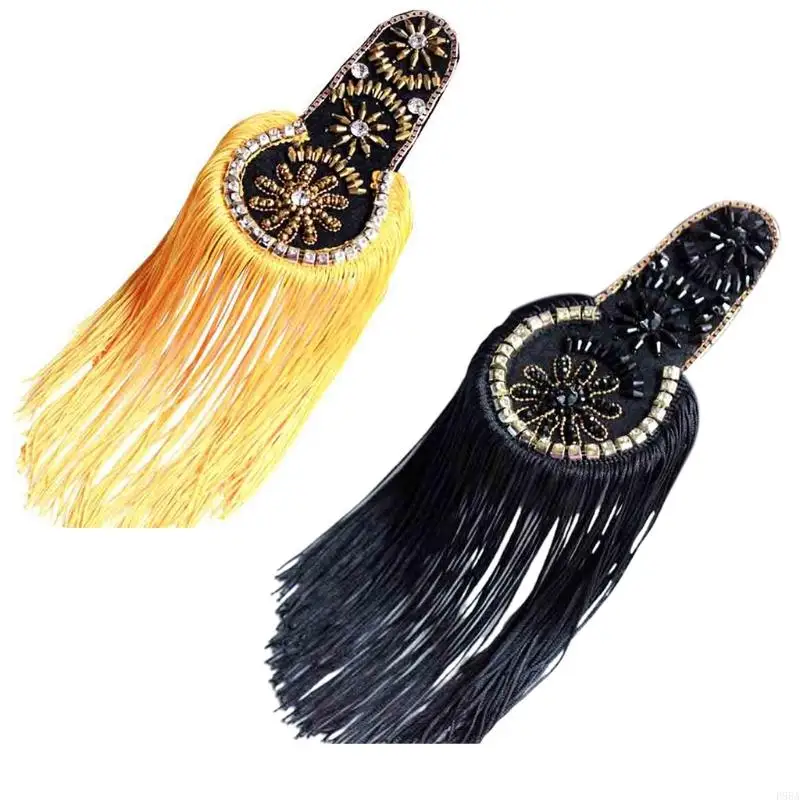 

P88A Stage Costume Epaulet Shoulder Black Manual Beads Tassels Shoulder Board